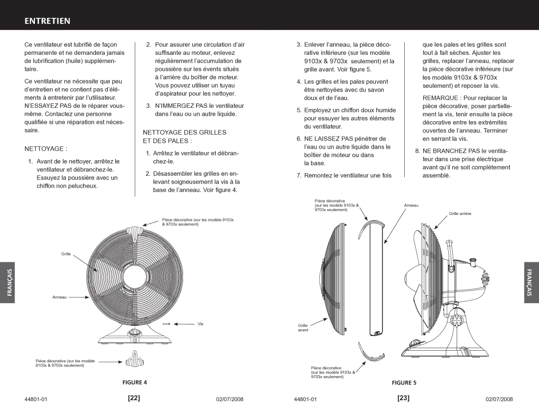 Hunter Fan 9103x, 9701x manual Entretien, Nettoyage DES Grilles ET DES Pales, Arrêtez le ventilateur et débran- chez-le 