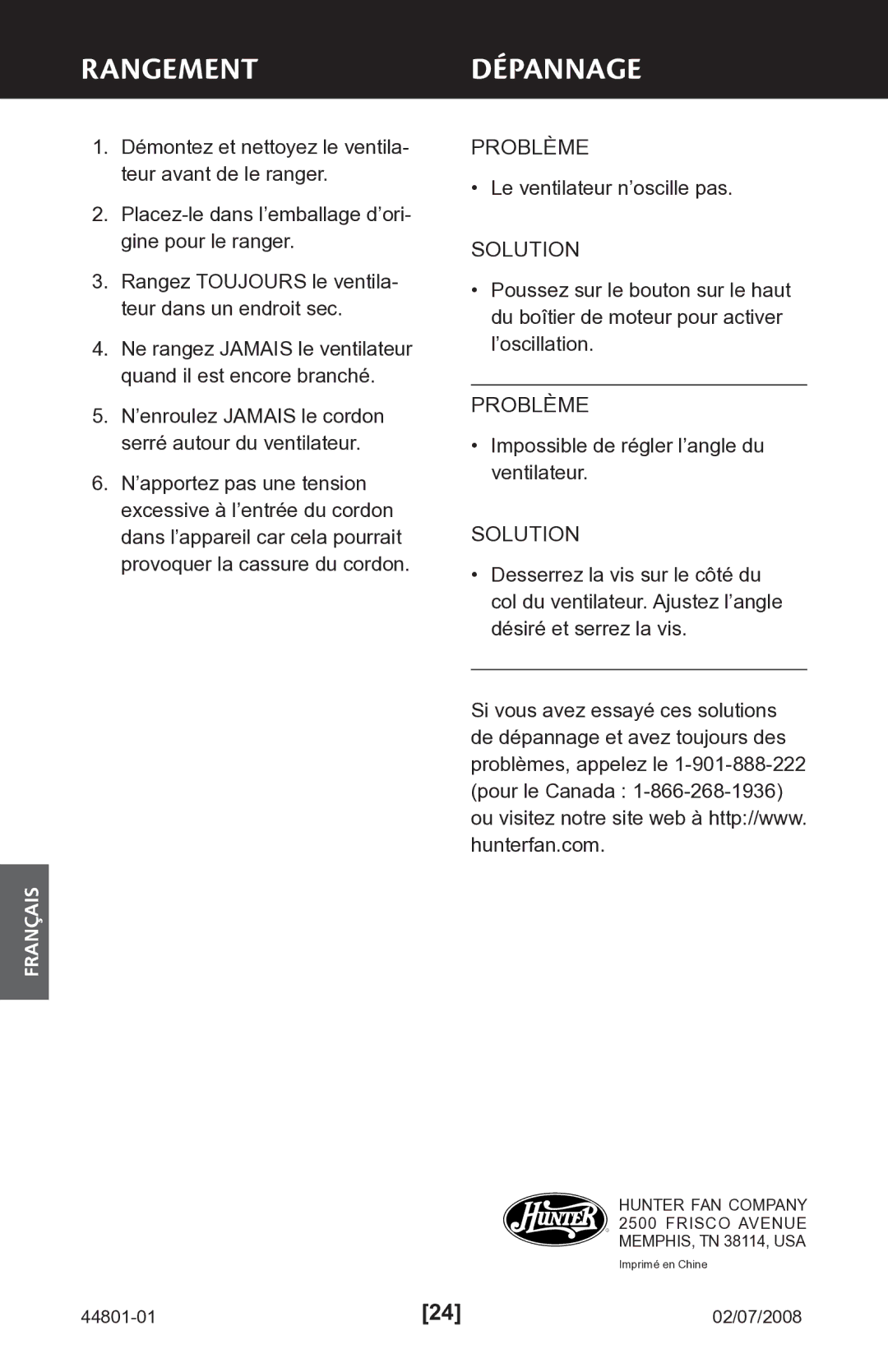 Hunter Fan 9701x, 9103x manual Rangementdépannage, Problème, Solution, Le ventilateur n’oscille pas 
