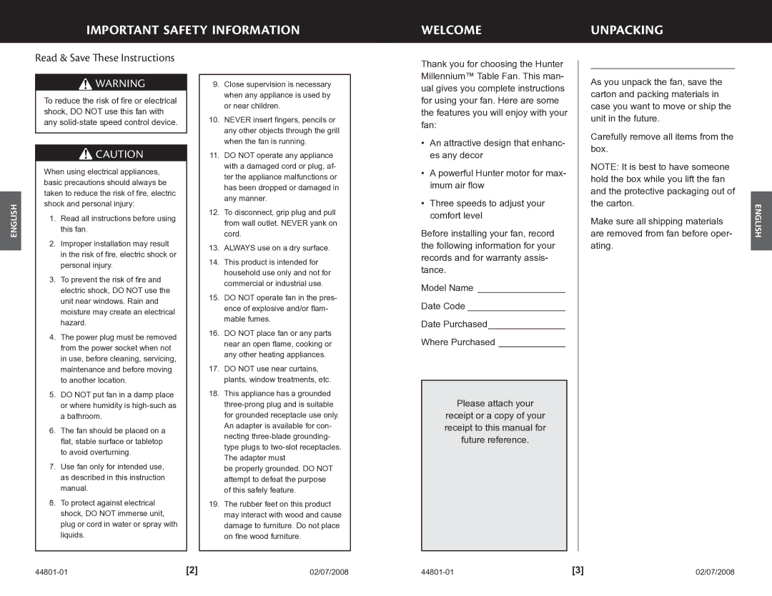 Hunter Fan 9103x, 9701x manual Important Safety Information WelcomeUnpacking, Read & Save These Instructions 