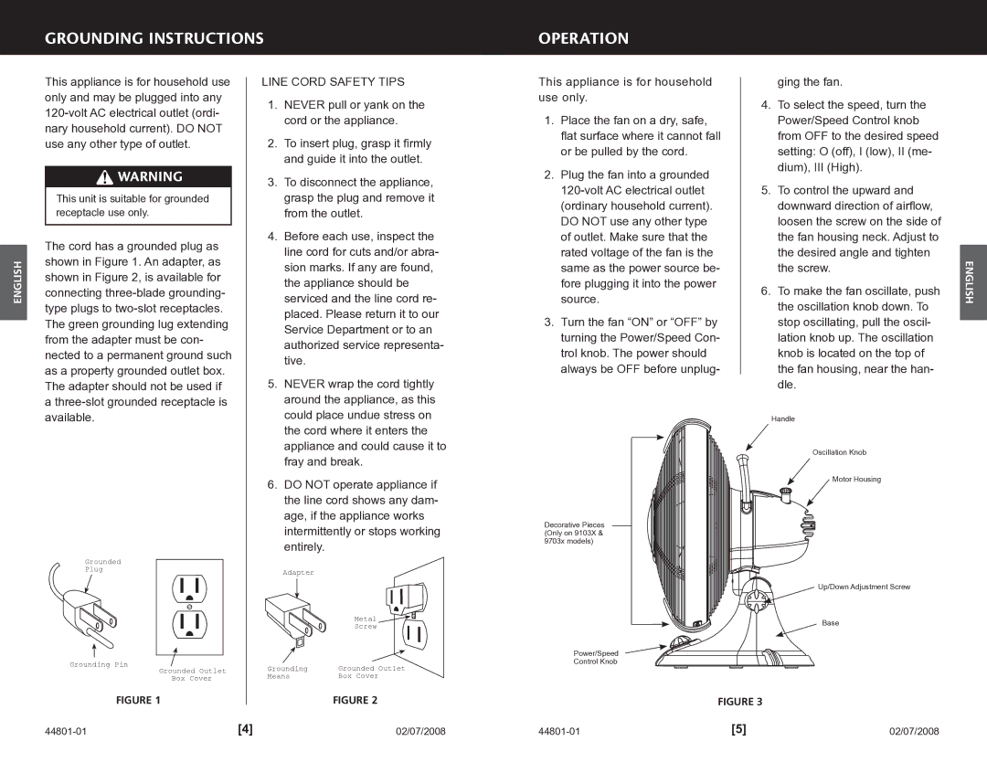 Hunter Fan 9701x, 9103x manual Grounding Instructions Operation, Line Cord Safety Tips 