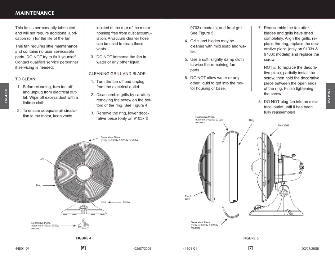 Hunter Fan 9103x, 9701x manual Maintenance, To Clean, Cleaning Grill and Blade 