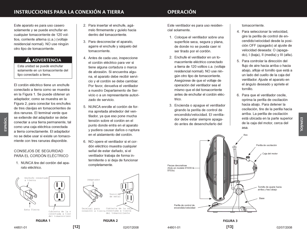 Hunter Fan 9701x, 9103x Instrucciones Para LA Conexión a Tierra Operación, Nunca tire del cordón del apa- rato eléctrico 