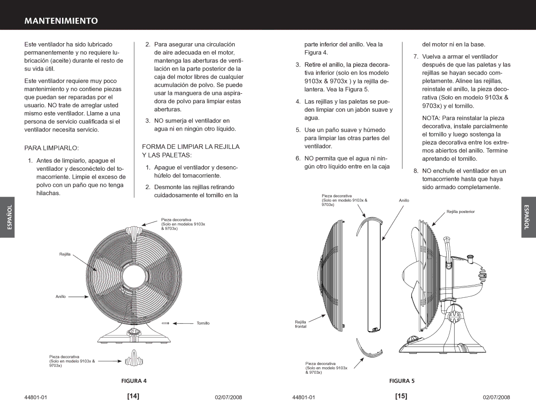 Hunter Fan 9103x, 9701x manual Mantenimiento, Para Limpiarlo, Forma DE Limpiar LA Rejilla Y LAS Paletas 