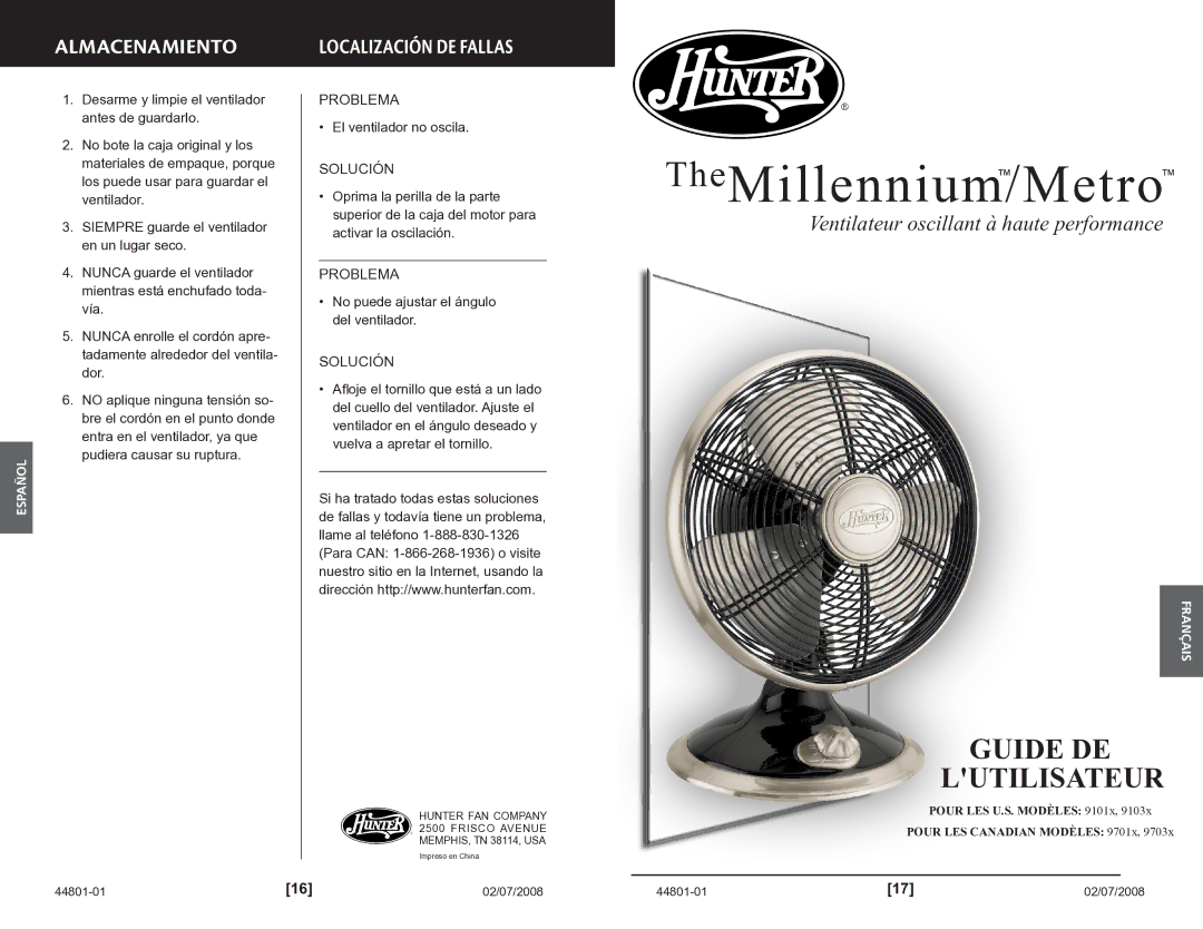 Hunter Fan 9701x, 9103x manual Almacenamiento, Localización DE Fallas, Problema, Solución 