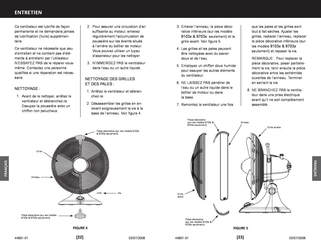 Hunter Fan 9103x, 9701x manual Entretien, Nettoyage Des Grilles Et Des Pales 