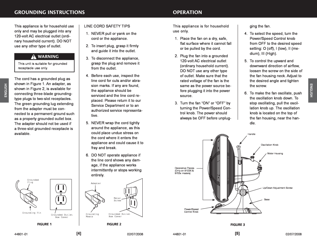 Hunter Fan 9701x, 9103x manual Grounding Instructions, Operation 