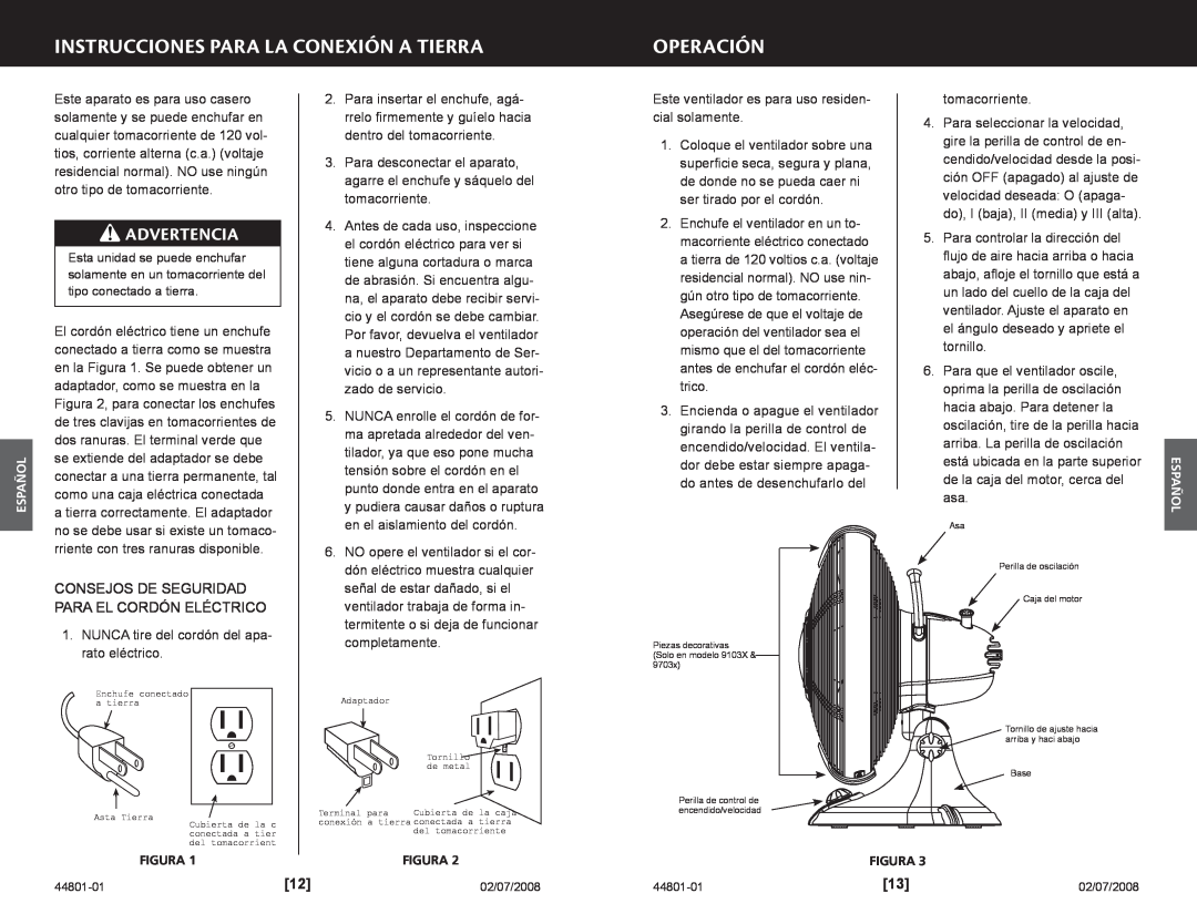 Hunter Fan 9701x, 9103x manual Instrucciones Para La Conexión A Tierra, Operación, Advertencia 