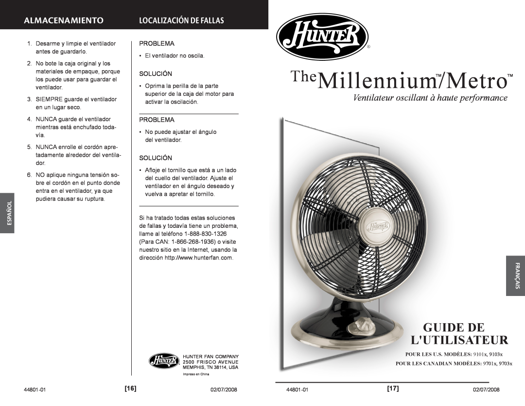 Hunter Fan 9701x Guide De Lutilisateur, Almacenamiento, Localización De Fallas, Ventilateur oscillant à haute performance 