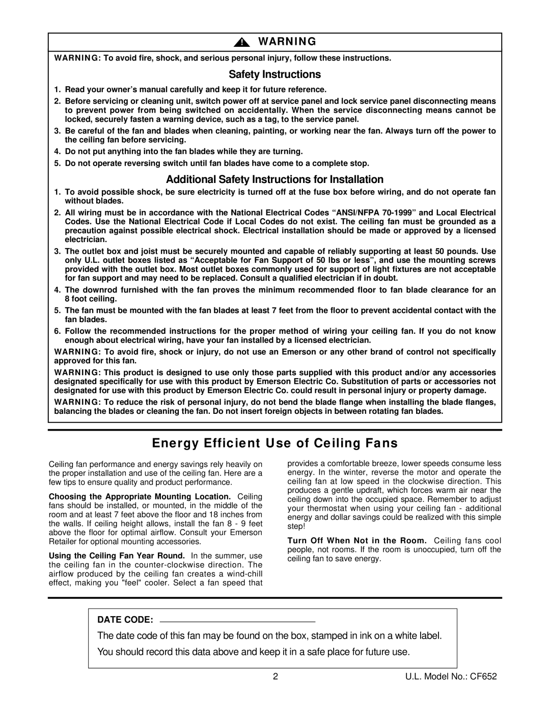 Hunter Fan CF652SCB01, CF652ORB01, CF652CK01, CF652WB01, CF652WW01, CF652BQ01 Energy Efficient Use of Ceiling Fans, Date Code 