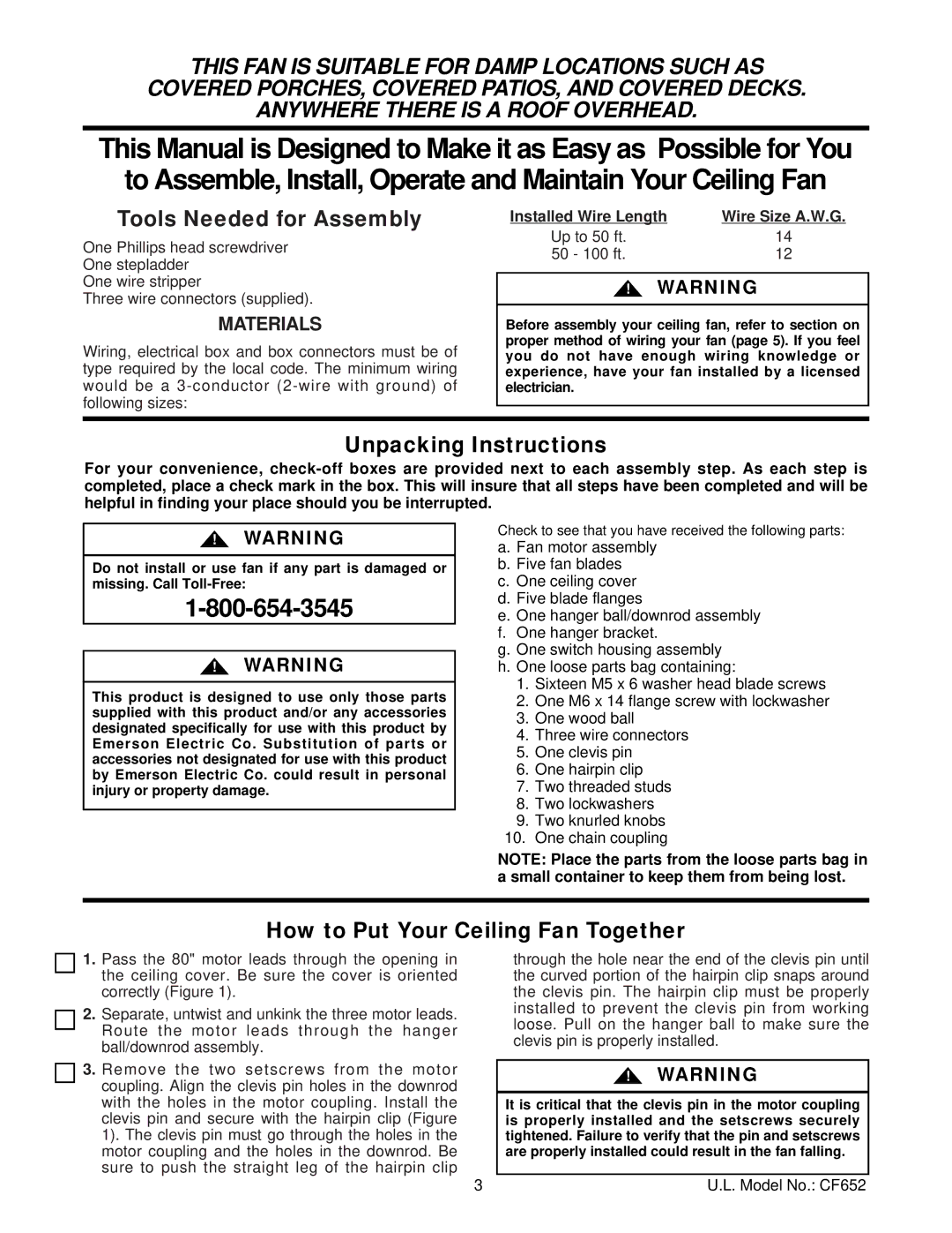 Hunter Fan CF652WB01, CF652ORB01, CF652CK01, CF652SCB01 warranty Unpacking Instructions, How to Put Your Ceiling Fan Together 