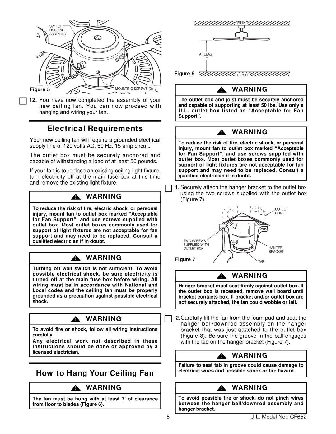 Hunter Fan CF652BQ01, CF652ORB01, CF652CK01, CF652SCB01, CF652WB01 Electrical Requirements, How to Hang Your Ceiling Fan 