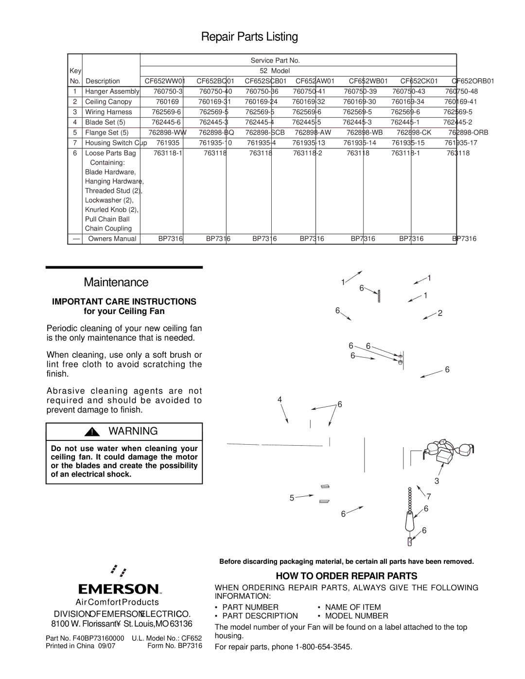Hunter Fan CF652CK01, CF652ORB01, CF652SCB01, CF652WB01, CF652WW01 warranty Repair Parts Listing, Important Care Instructions 