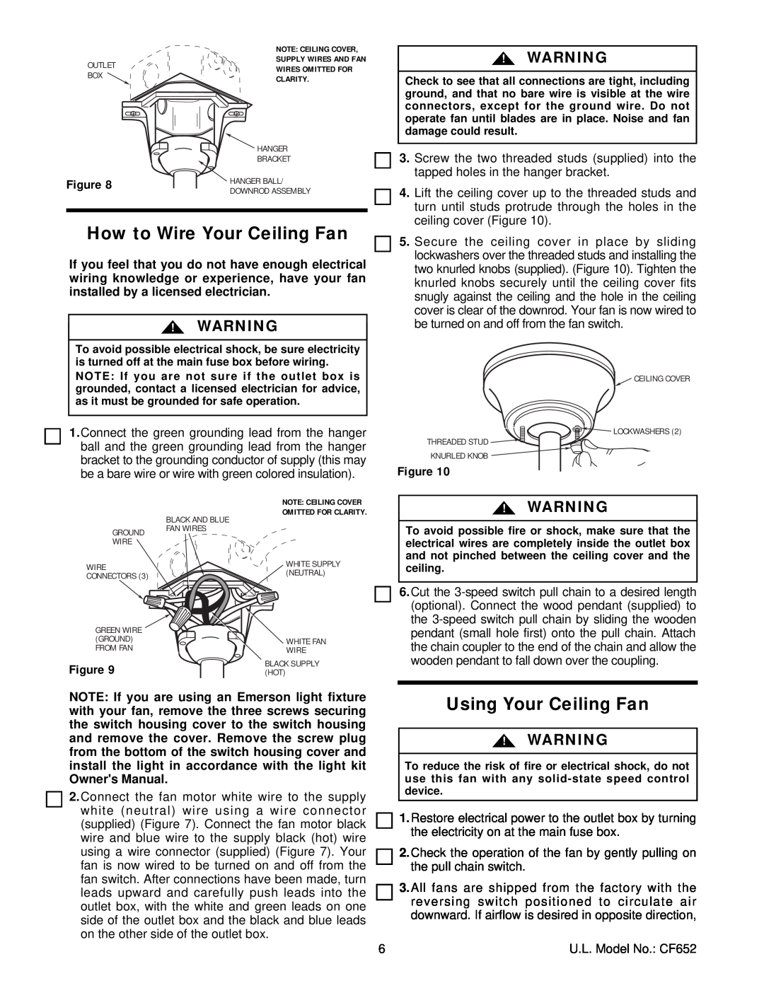 Hunter Fan CF652AW01, CF652ORB01, CF652CK01, CF652SCB01 warranty How to Wire Your Ceiling Fan, Using Your Ceiling Fan, Figure 