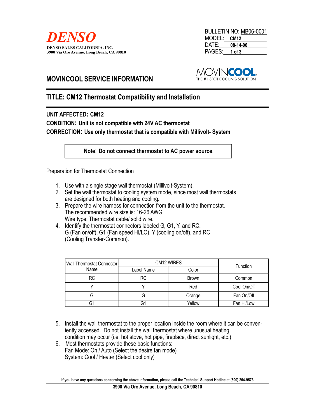 Hunter Fan manual Movincool Service Information, TITLE CM12 Thermostat Compatibility and Installation, Model, Date 