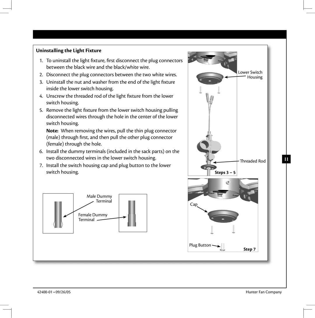 Hunter Fan HUNTER Ceiling Fans manual Uninstalling the Light Fixture 