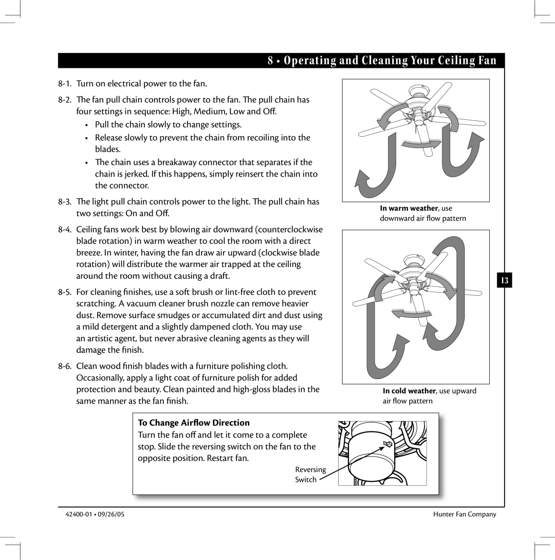Hunter Fan HUNTER Ceiling Fans manual Operating and Cleaning Your Ceiling Fan, To Change Airflow Direction 