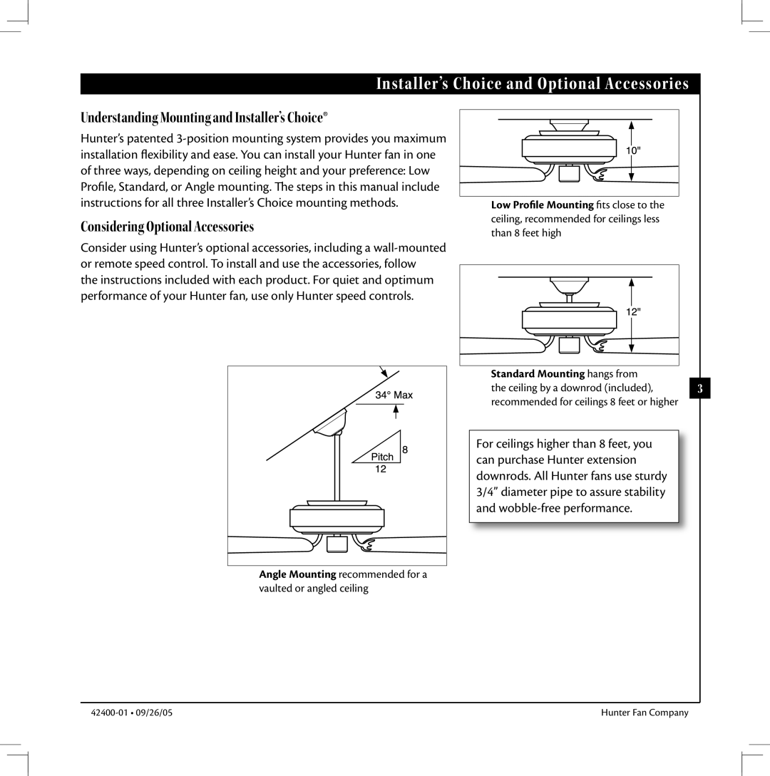 Hunter Fan HUNTER Ceiling Fans Installer’s Choice and Optional Accessories, Understanding Mounting and Installer’s Choice 