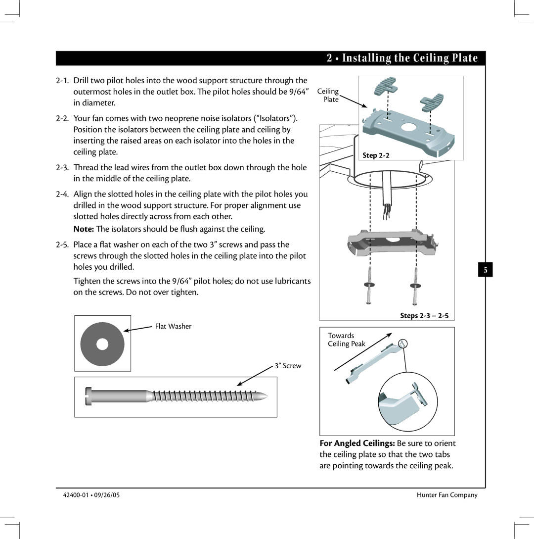 Hunter Fan HUNTER Ceiling Fans manual Installing the Ceiling Plate 