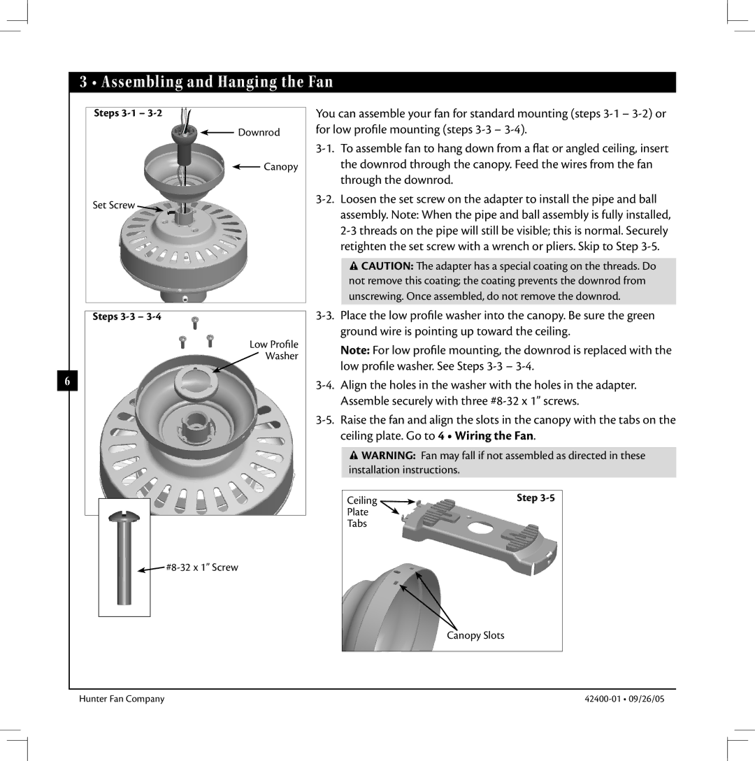 Hunter Fan HUNTER Ceiling Fans manual Assembling and Hanging the Fan 