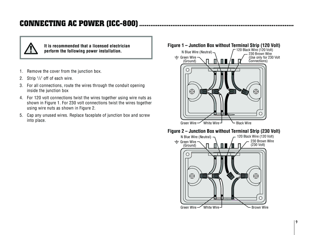 Hunter Fan ICC-801PL, ICC-800PL owner manual Connecting AC Power ICC-800, Junction Box without Terminal Strip 120 Volt 