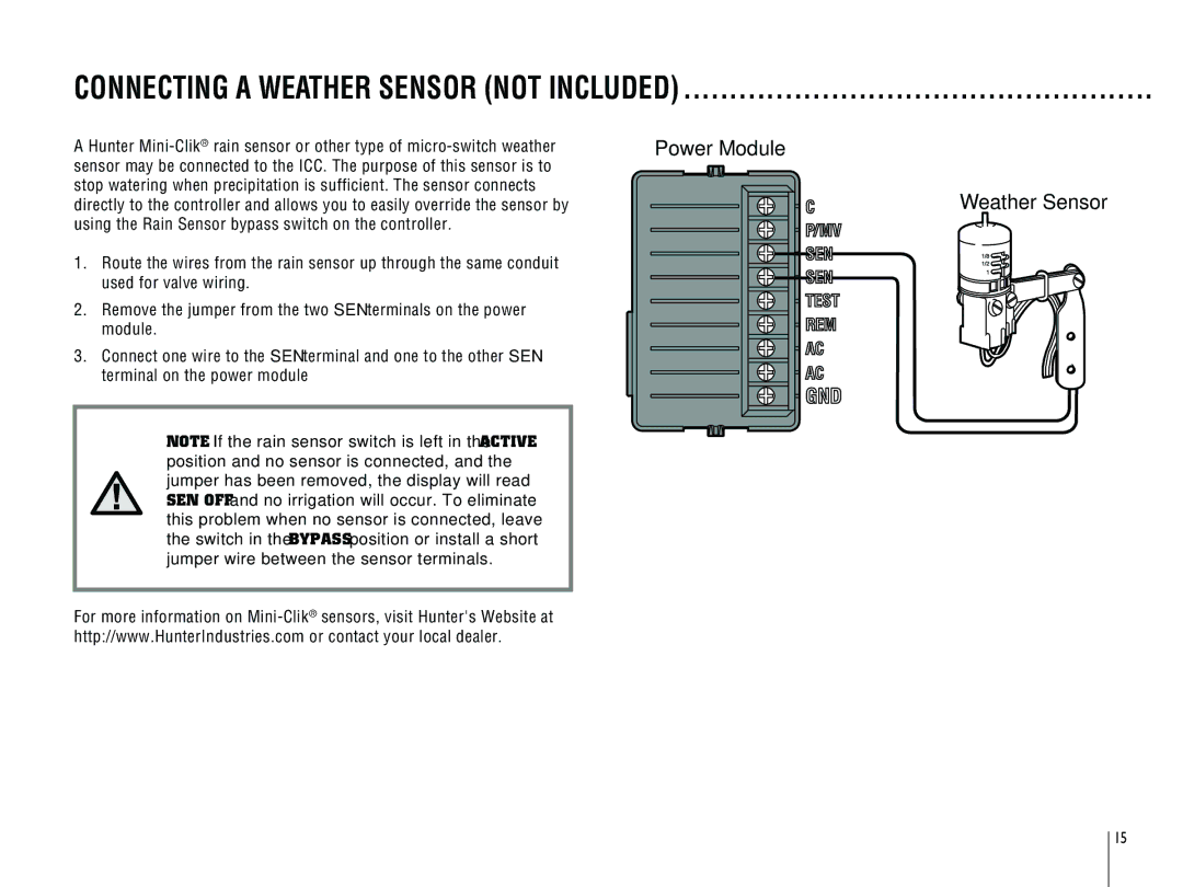 Hunter Fan ICC-801PL, ICC-800PL owner manual Connecting a Weather Sensor not Included, Power Module Weather Sensor 