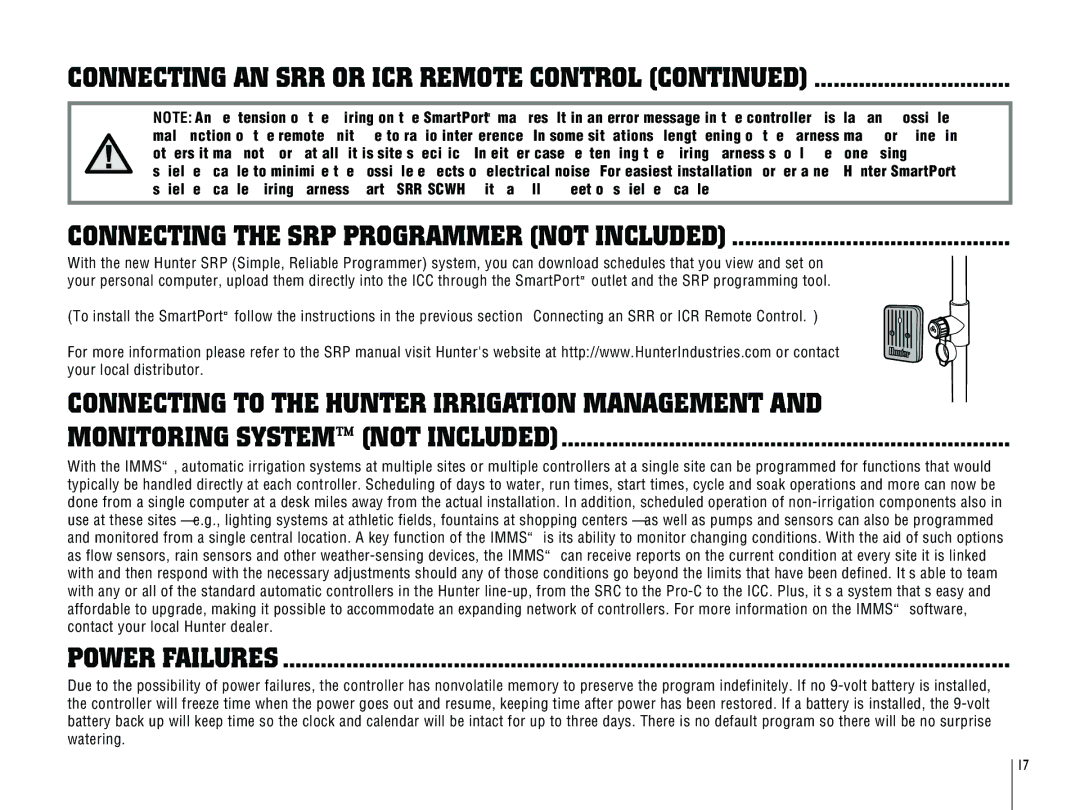 Hunter Fan ICC-801PL, ICC-800PL Connecting the SRP Programmer not Included, Monitoring System not Included, Power Failures 
