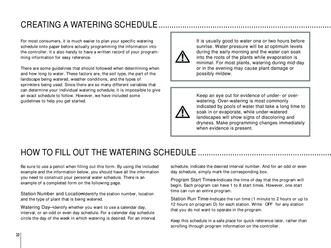 Hunter Fan ICC-800PL, ICC-801PL owner manual Creating a Watering Schedule, HOW to Fill OUT the Watering Schedule 