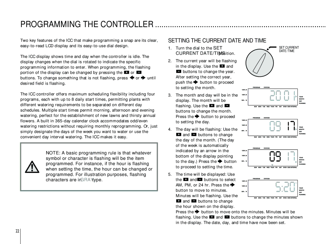 Hunter Fan ICC-800PL, ICC-801PL owner manual Programming the Controller, Setting the Current Date and Time 