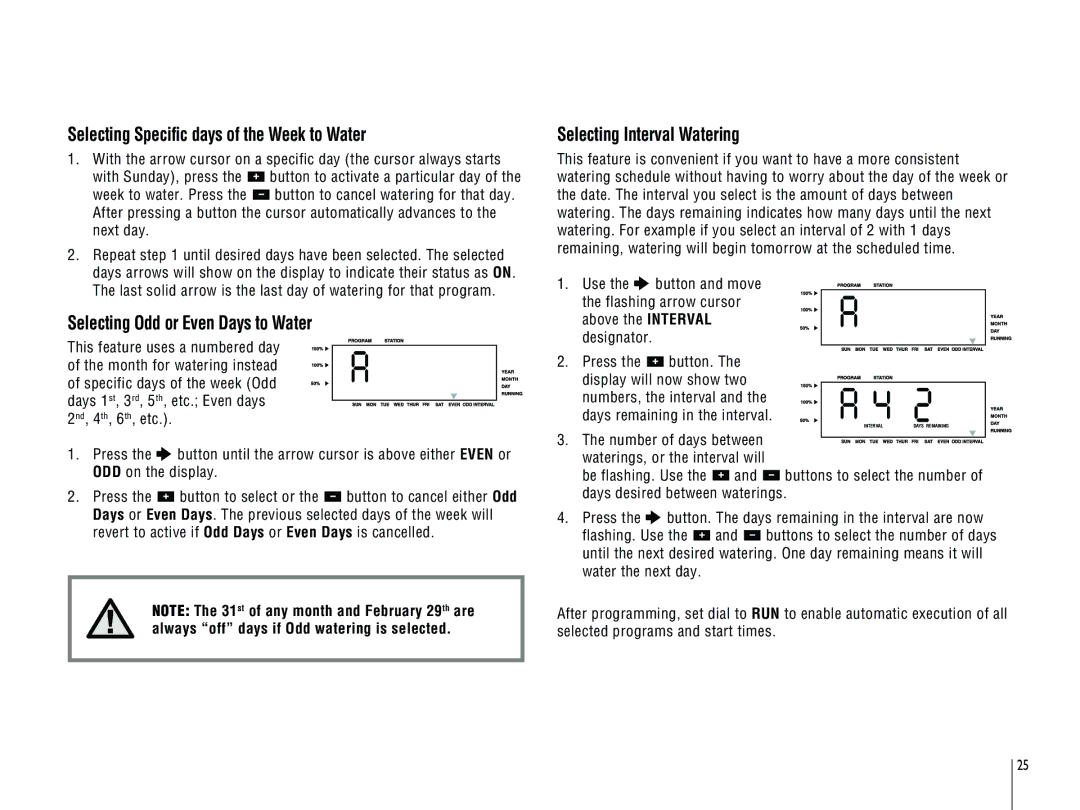 Hunter Fan ICC-801PL, ICC-800PL Selecting Specific days of the Week to Water, Selecting Odd or Even Days to Water 