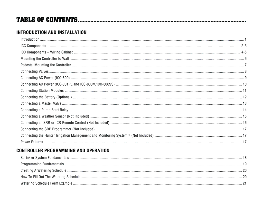 Hunter Fan ICC-801PL, ICC-800PL owner manual Table of Contents 