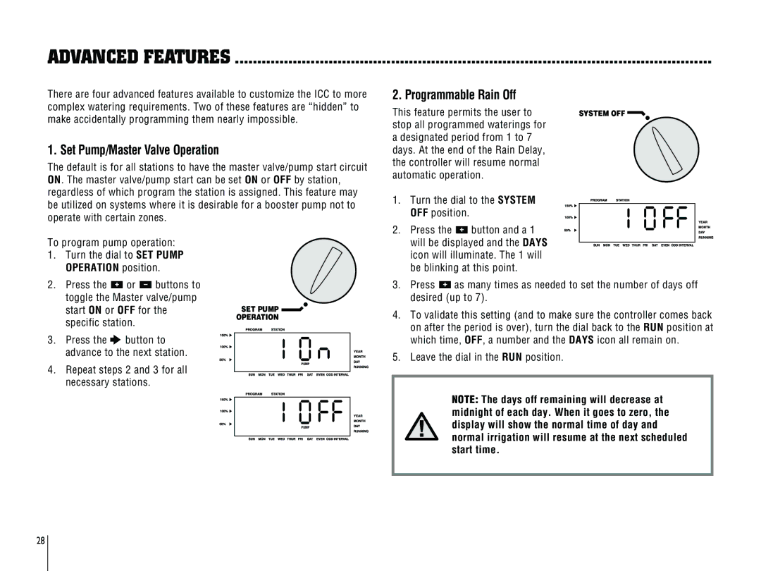 Hunter Fan ICC-800PL, ICC-801PL owner manual Advanced Features, Set Pump/Master Valve Operation, Programmable Rain Off 