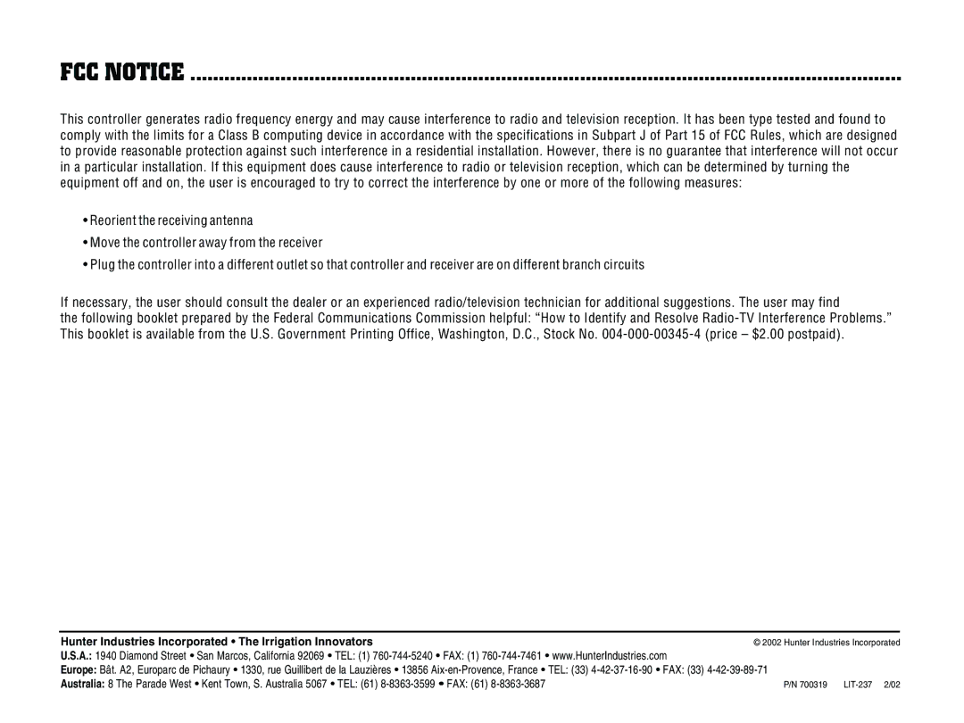 Hunter Fan ICC-800PL, ICC-801PL owner manual FCC Notice, Hunter Industries Incorporated The Irrigation Innovators 