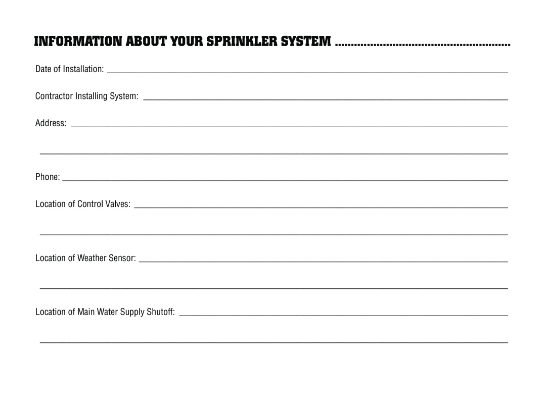 Hunter Fan ICC-801PL Information About Your Sprinkler System, Date of Installation Contractor Installing System Address 