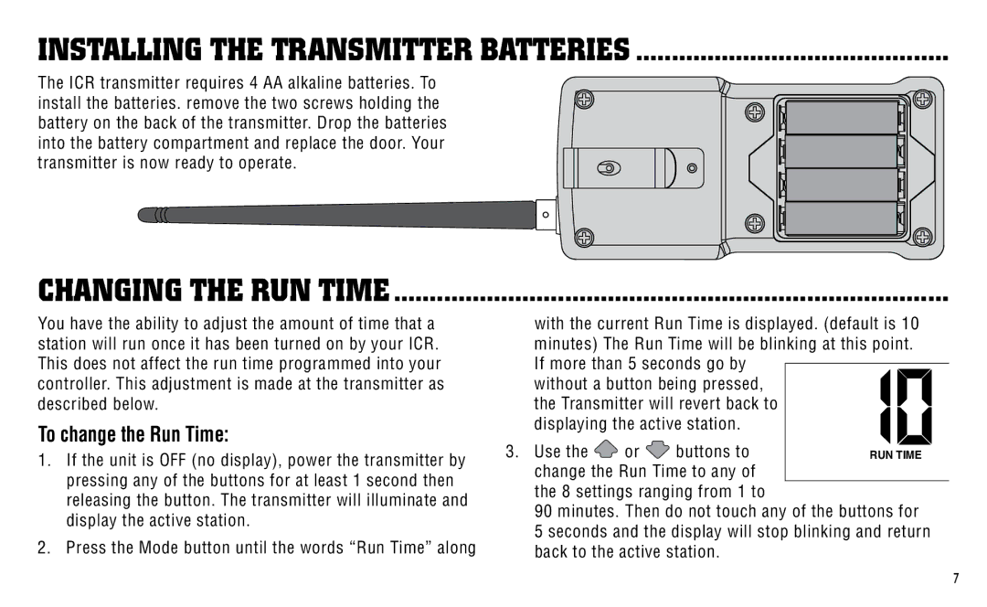 Hunter Fan ICR owner manual Installing the Transmitter Batteries, Changing the Run Time, To change the Run Time 