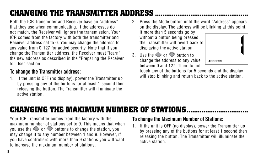 Hunter Fan ICR owner manual Changing the Transmitter Address, Changing the Maximum Number of Stations 