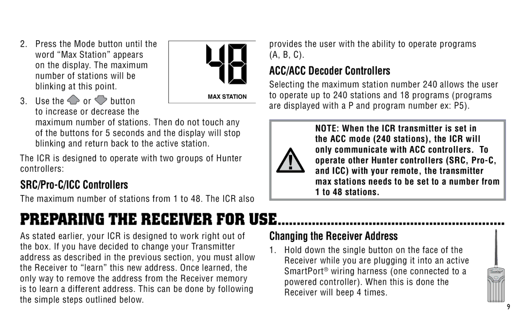 Hunter Fan ICR owner manual Preparing the Receiver for Use, SRC/Pro-C/ICC Controllers, ACC/ACC Decoder Controllers 