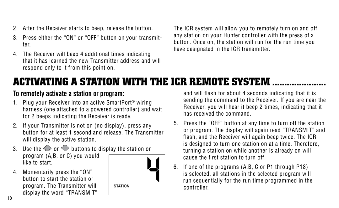 Hunter Fan owner manual Activating a Station with the ICR Remote System, To remotely activate a station or program 