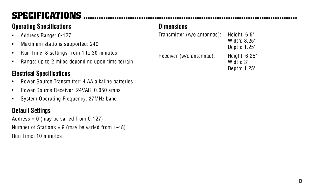 Hunter Fan ICR owner manual Operating Specifications, Electrical Specifications, Default Settings, Dimensions 