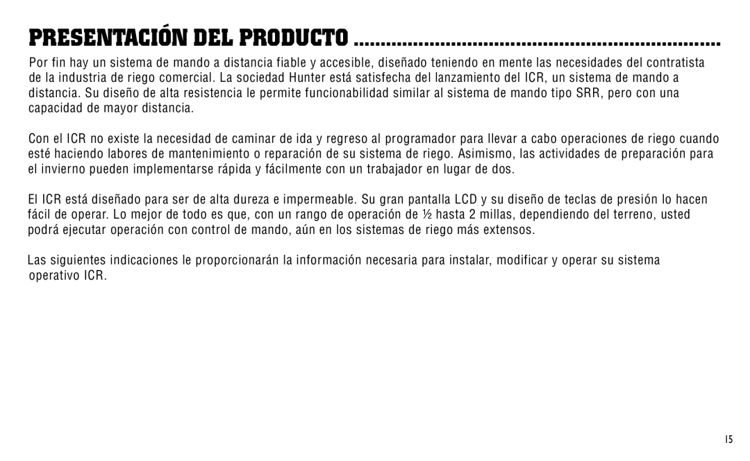 Hunter Fan ICR owner manual Presentación del Producto 