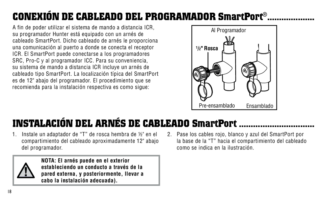 Hunter Fan ICR owner manual Conexión de Cableado del Programador SmartPort, Instalación del Arnés de Cableado SmartPort 