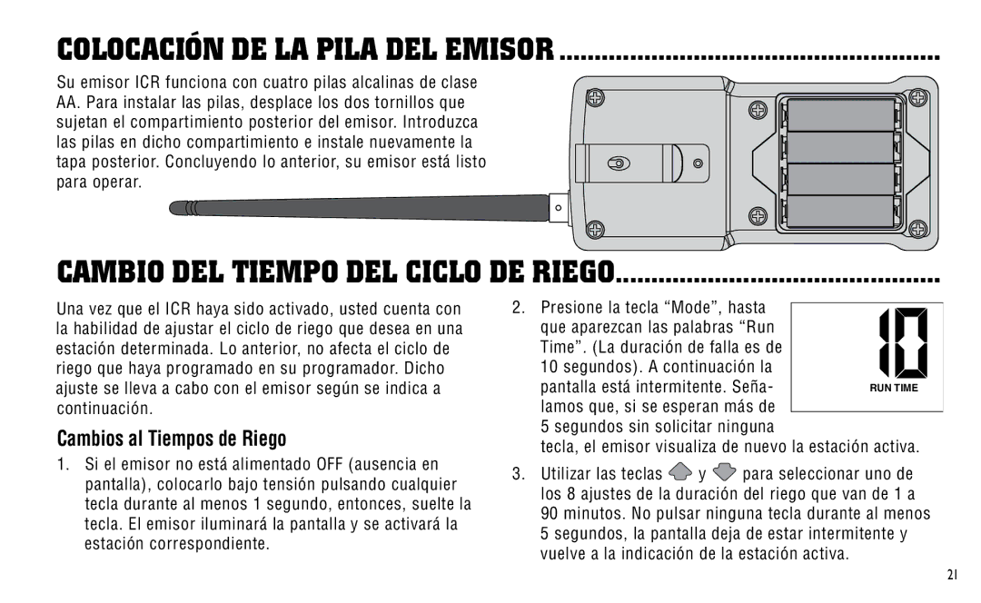 Hunter Fan ICR Colocación de la Pila del Emisor, Cambio del Tiempo DEL Ciclo de Riego, Cambios al Tiempos de Riego 