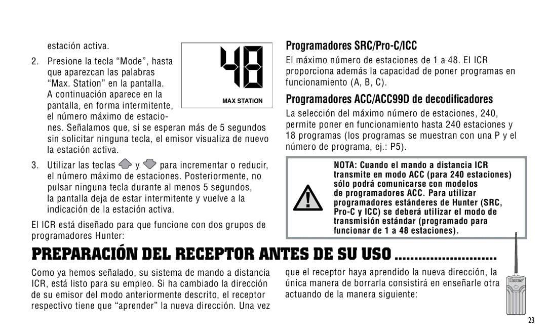 Hunter Fan ICR owner manual Preparación del Receptor Antes de su Uso, Programadores SRC/Pro-C/ICC 