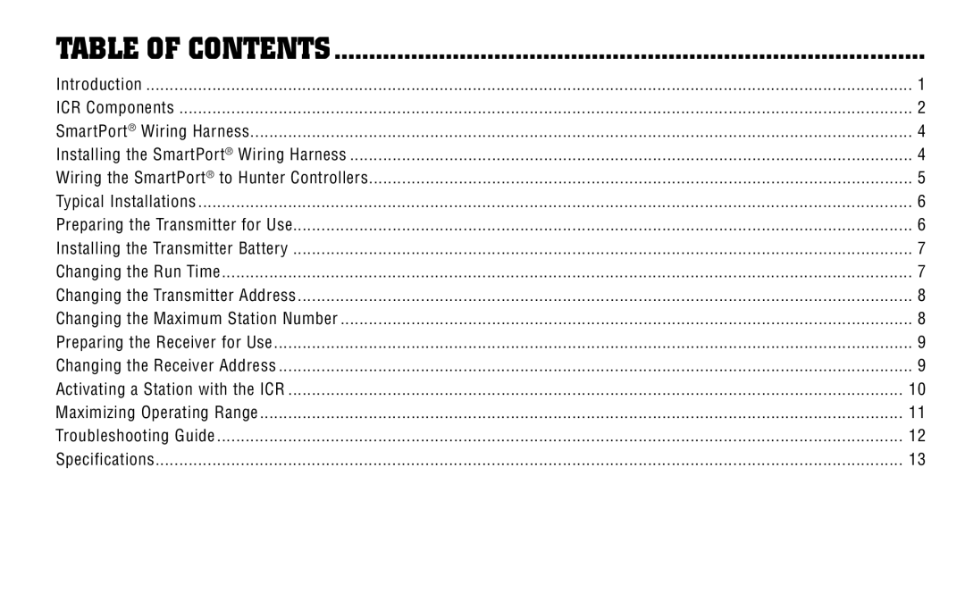 Hunter Fan ICR owner manual Table of contents 