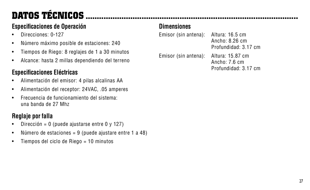 Hunter Fan ICR owner manual Especificaciones de Operación, Especificaciones Eléctricas, Reglaje por falla, Dimensiones 