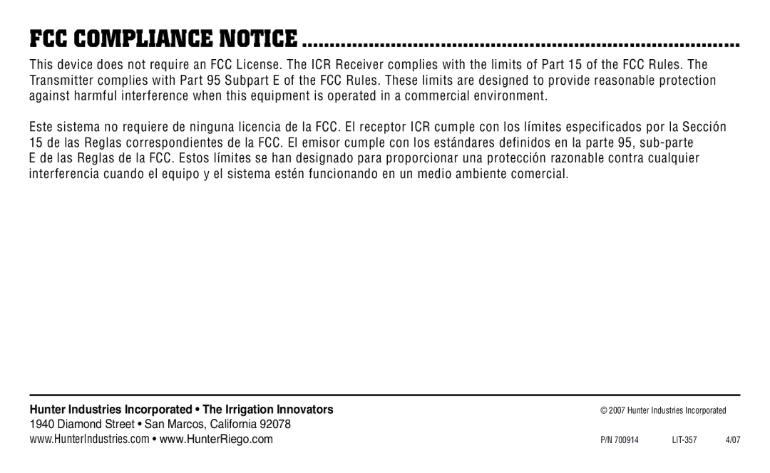 Hunter Fan ICR owner manual FCC Compliance Notice 