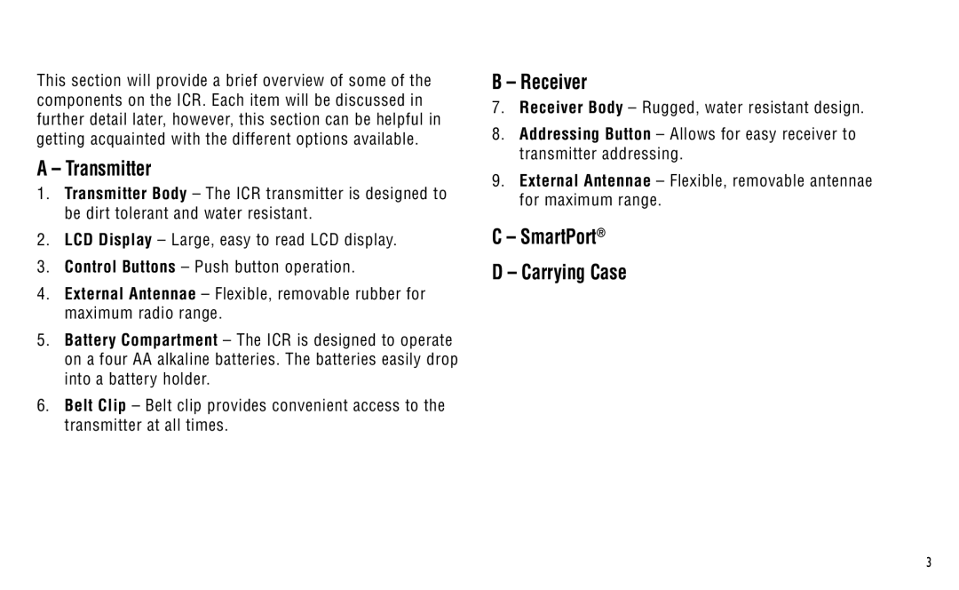 Hunter Fan ICR owner manual Transmitter, Receiver, SmartPort Carrying Case 