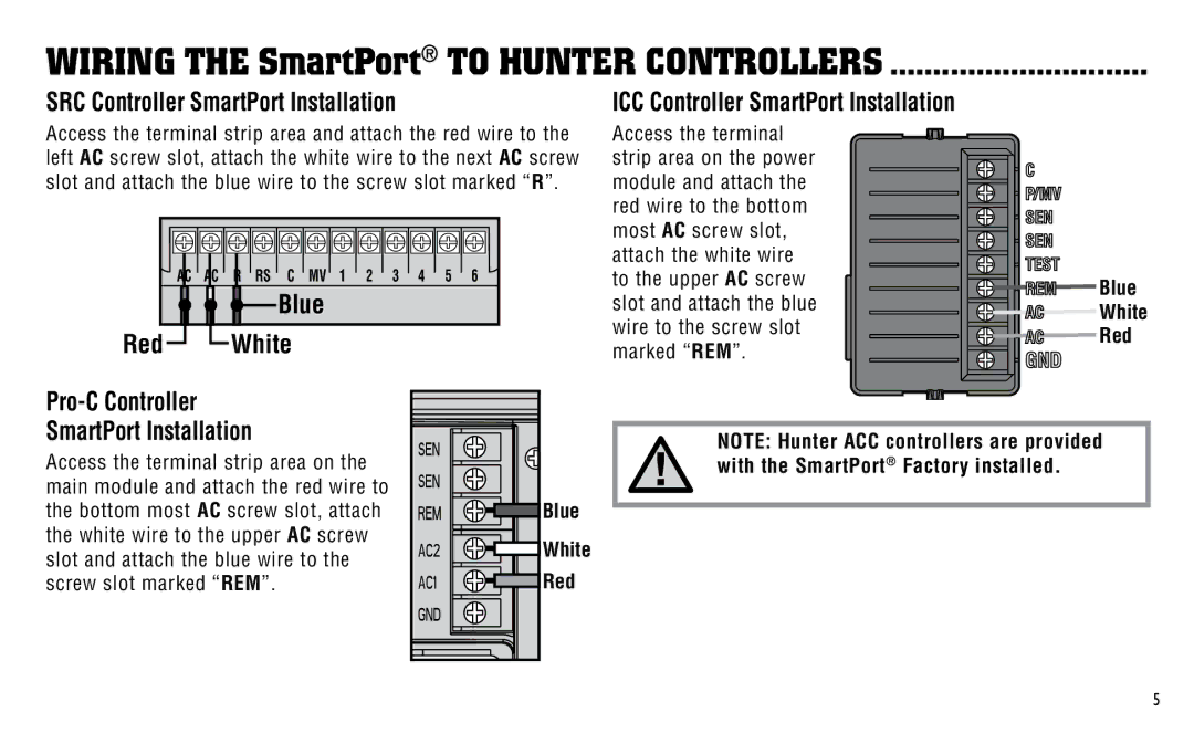 Hunter Fan ICR Wiring the SmartPort to hunter controllers, SRC Controller SmartPort Installation, Blue Red White 