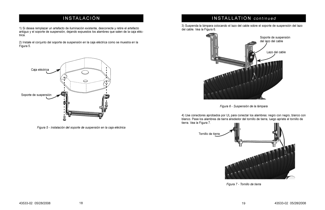 Hunter Fan Illumi-Heat owner manual S TA L a C I Ó N, Figura 6 Suspensión de la lámpara 