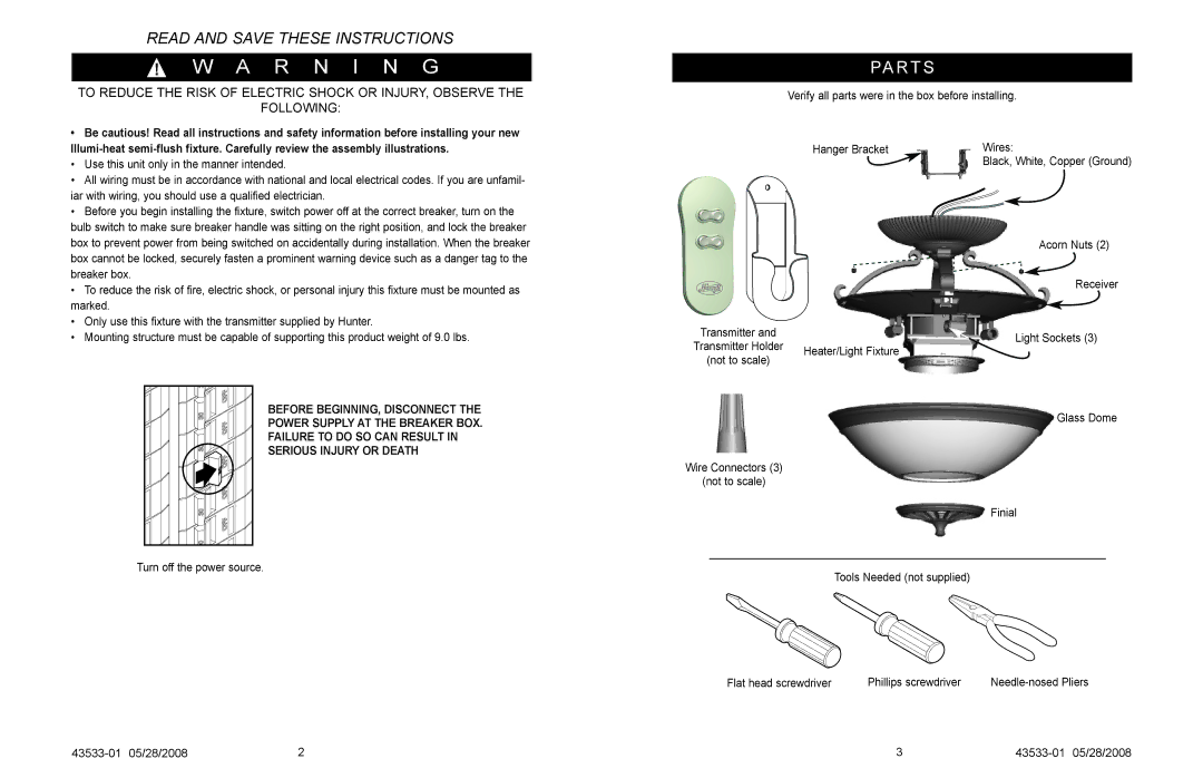 Hunter Fan Illumi-Heat owner manual R n i n g, Pa R T S 