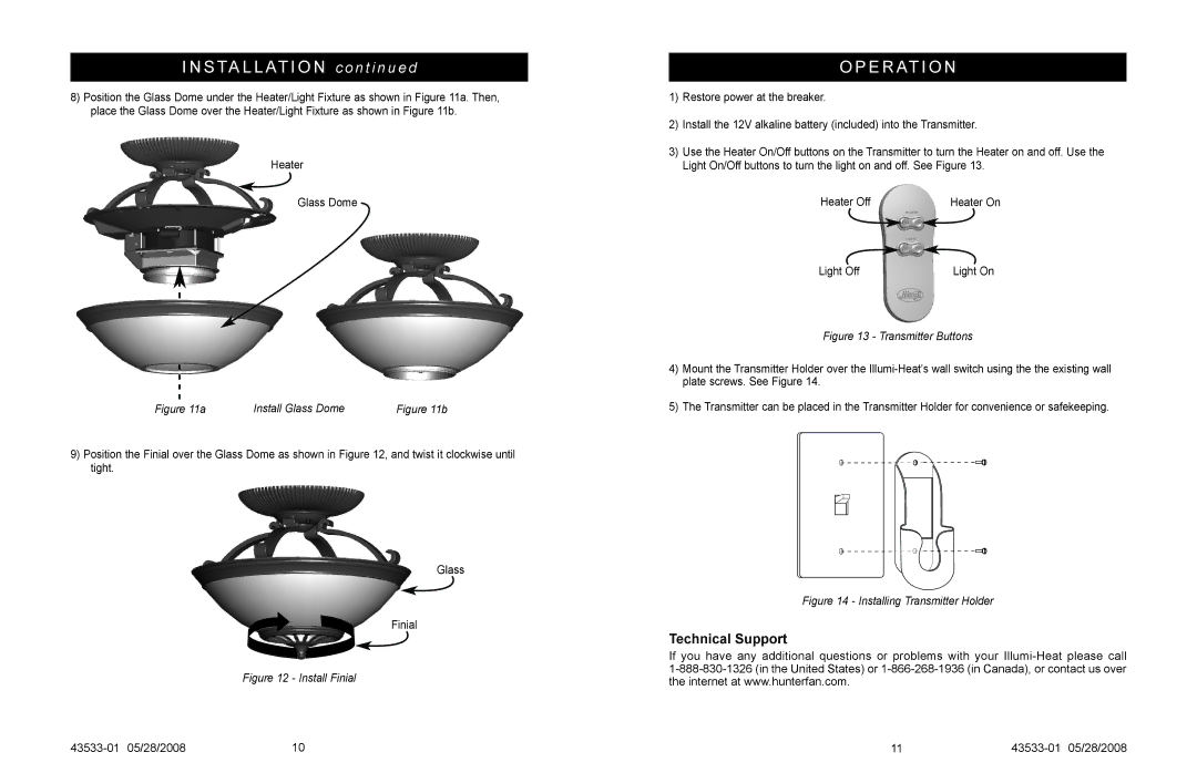 Hunter Fan Illumi-Heat owner manual E R At I O N, Light Off Light On 